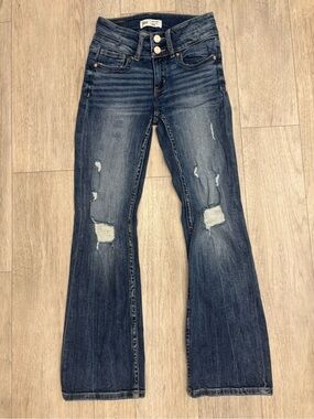 BKE Dark Blue Flare Jeans with Distressed Knees